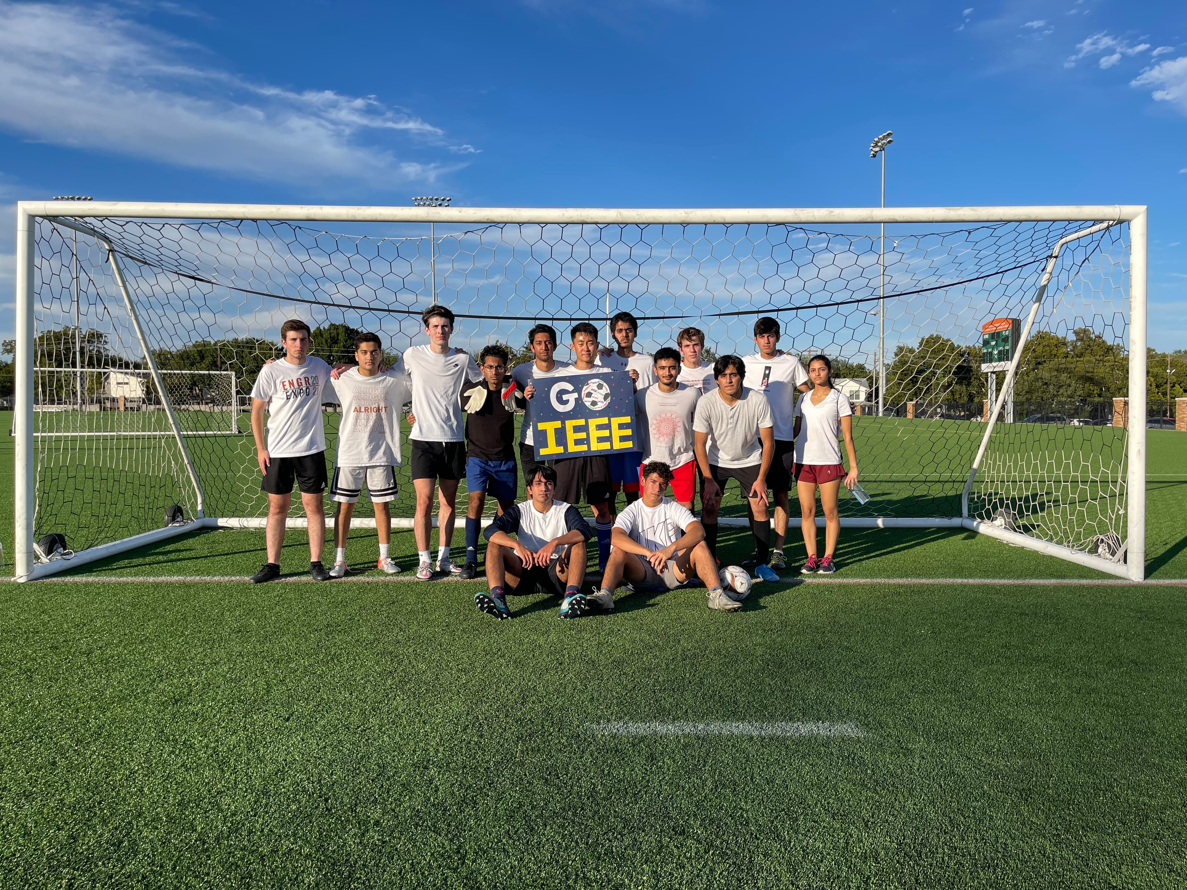 Group photo of soccer intramural team in front of soccer goal